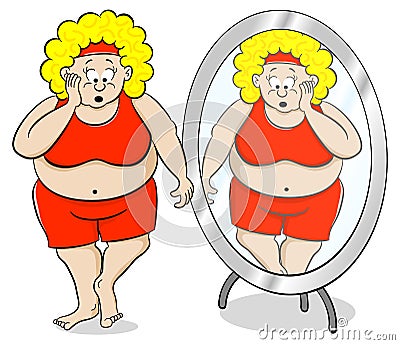 Overweight woman is shocked in front of a mirror Vector Illustration