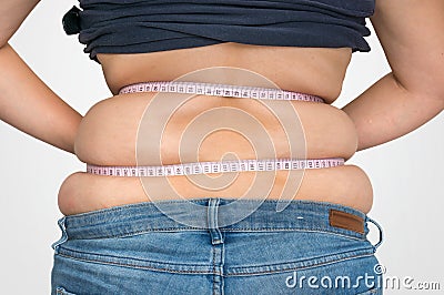 Overweight woman with tape is measuring fat on belly Stock Photo