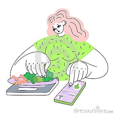 overweight woman weighs her food and counts calories Vector Illustration