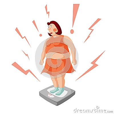 Overweight women standing on scales, she worry for happened Vector Illustration