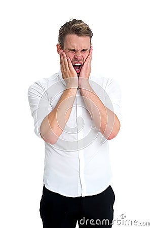 Overwhelmed concept. Man yawning face formal shirt white background. Man tired stressful yawn keep eyes closed. Guy with Stock Photo