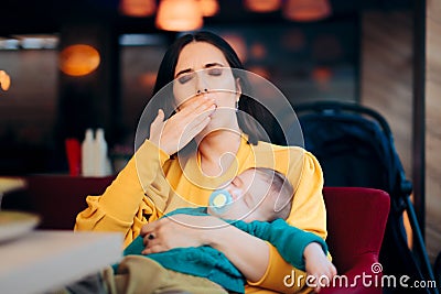 Tired Exhausted Mother Holding Sleeping Baby Stock Photo