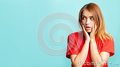 Overwhelmed woman disturbing information confused Stock Photo
