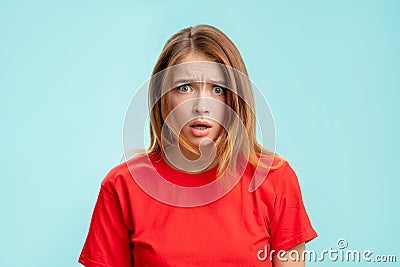 Overwhelmed woman portrait wtf reaction shocked Stock Photo