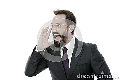 Overwhelming rumors. Businessman classic formal suit shouting loudly overwhelming news. Charismatic person achieves Stock Photo