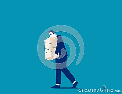 Overworked business person carry huge steak of documents. Business workplace vector concept Vector Illustration