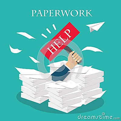 Overworked businessman under a paper pile, documents. Vector Illustration