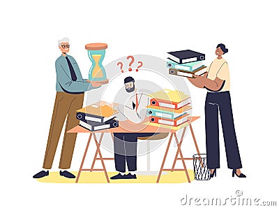 Overworked businessman at workplace. Stressed office worker sitting at desk stacked with documents Vector Illustration