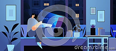 overworked businesswoman freelancer looking at computer screen girl sitting on bed in dark night home room Vector Illustration