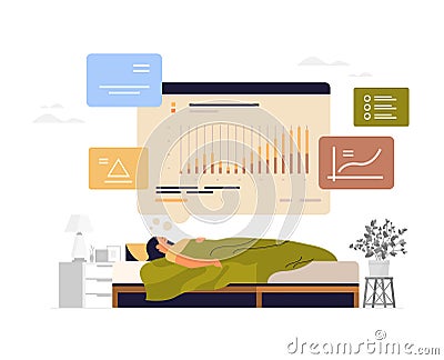 overworked businesswoman sleeping in bed tired businesswoman thinking about financial company statistics data report Vector Illustration