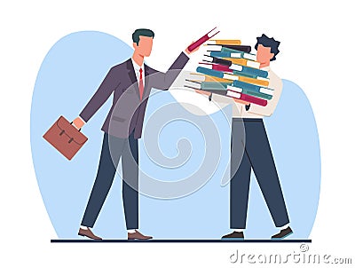 Overworked employee, boss puts lot of responsibilities on office worker. Man tired from paperwork. Demanding manager in Vector Illustration