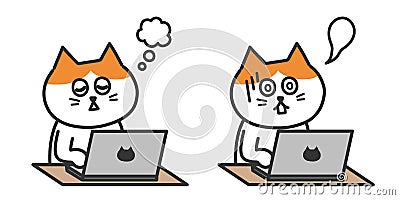 Overworked exhausted red tabby and white cat using computer working from home. Vector Illustration