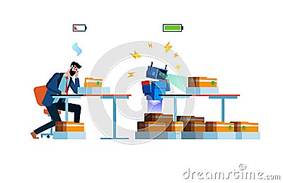 Overworked man and energy robot Vector Illustration