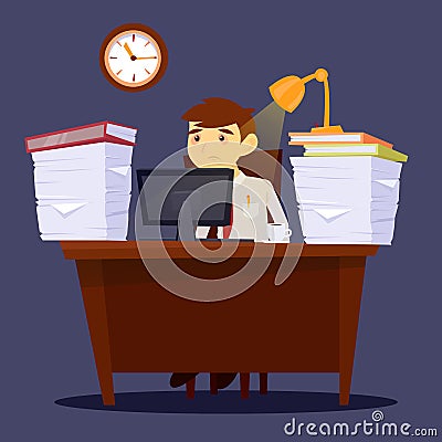 Overworked Man. Exhausted Businessman. Stress at Work Vector Illustration