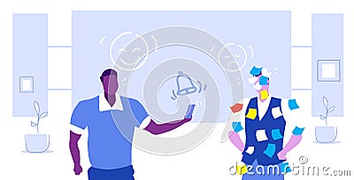 Overworked manager covered with sticky notes african american boss using smartphone mix race colleagues working together Vector Illustration