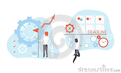 Overworked Tiny Office People Set, Workers Planning Schedule and Working next to Wall Clock Flat Vector Illustration Vector Illustration