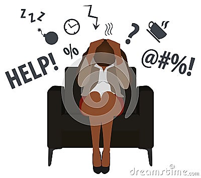 Overworked and tired black business woman or office worker sits in a chair. Business stress. Flat style modern vector illustration Vector Illustration