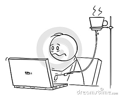 Overworked or Tired Office Worker, Man or Businessman Working on Computer With Coffee Infusion, Vector Cartoon Stick Vector Illustration