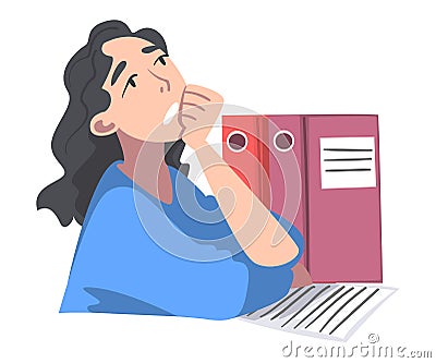 Overworked Woman Character at Table with Papers in Folder Vector Illustration Vector Illustration