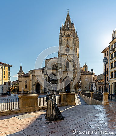 View of the La Regenta statue and San Salvador Cathedral in the historic city center of Oviedo Editorial Stock Photo