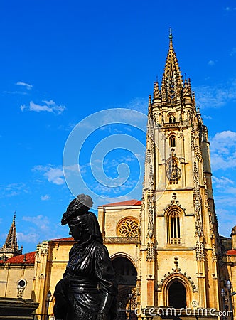 Cathedral and La Regenta sculpture in Oviedo, Spain Editorial Stock Photo