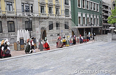 Oviedo, 18th april: Folk Traditional Dancing Festival in Plaza del Fontan Square from Oviedo City in Spain Editorial Stock Photo