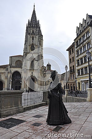 Oviedo, 18th april: La Regenta Sculpture from Plaza de la Catedral Square of Oviedo City in Spain Editorial Stock Photo