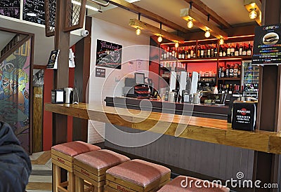 Oviedo, 18th april: Pub interior view in Downtown of Oviedo City in Spain Editorial Stock Photo