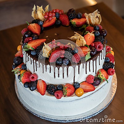 Ovocny wedding cake for the newlyweds in festive day Stock Photo