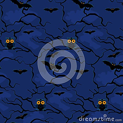 Owl and bats on a background of night trees seamless pattern Vector Illustration