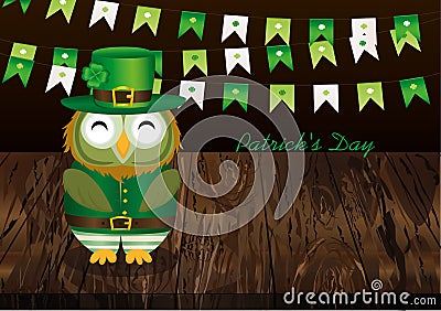 Owl with a beard in traditional green suit on the day of Patric Cartoon Illustration