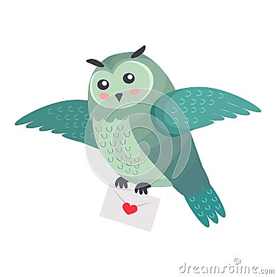 Owl Bird Flying with Letter of Love with Heart Isolated Vector Illustration