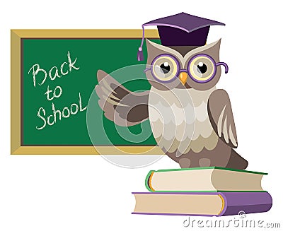 Owl with books and blackboard Vector Illustration