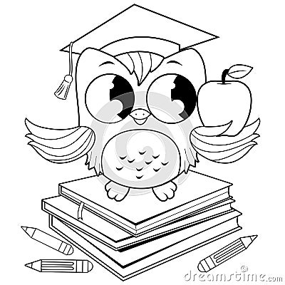 Owl on a stack of books with graduation hat. Vector black and white coloring page. Vector Illustration