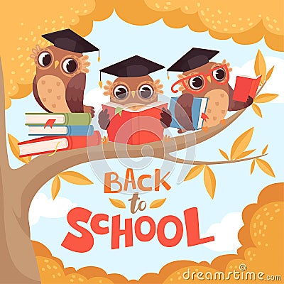 Owl in branch. Back to school september autumn concept background with birds with books and backpack vector cartoon Vector Illustration