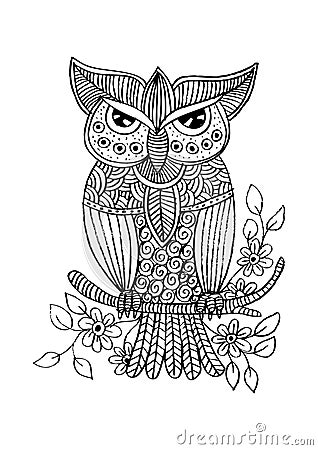 Owl on a branch. Cartoon Illustration