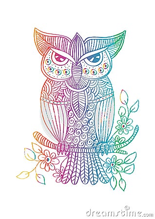 Owl on a branch. Cartoon Illustration