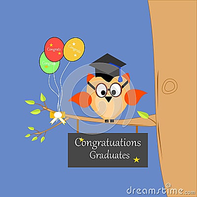 An owl on a branch of a tree with a graduation cap Vector Illustration