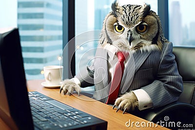 An owl in a business suit is working in the office on a laptop. Corporate humor Stock Photo