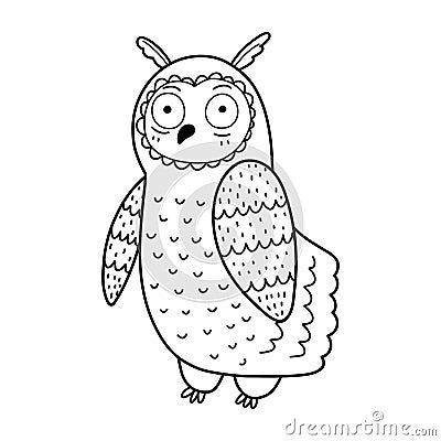 Cute owl character in black and white. Funny outline bird isolated on white background Vector Illustration