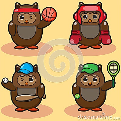 Set of Cute Sport Cartoon Owls. Set of cartoon owls with various emotions. Stock Photo