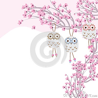 Owl ceramic hang cherry tree Vector Illustration