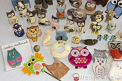 Owl Collection , different pieces with different shapes, materials and colors Editorial Stock Photo