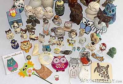 Owl Collection , different pieces with different shapes, materials and colors Editorial Stock Photo