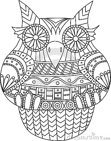 Owl contour vector image. Stripes tribal pattern. Cartoon style bird for coloring book and other. Vector Illustration