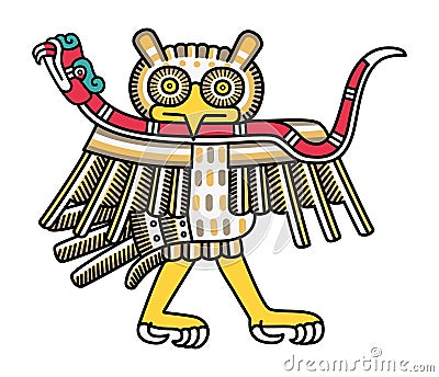 Aztec owl with a coral snake, as depicted in the Codex Laud Vector Illustration