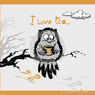 Owl with a cup tea in the autumn, vector illustration Vector Illustration