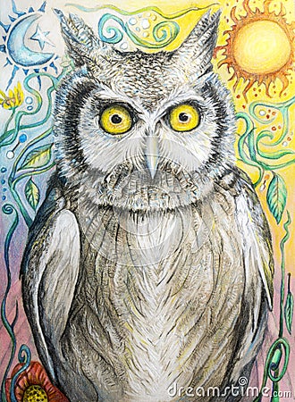 Owl drawing in color pencil with moon and sun Stock Photo