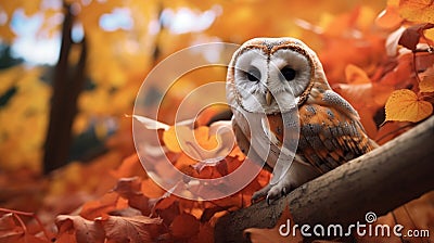 Tyto alba, the barn owl, nestled amidst the vibrant fallen maple and oak leaves. Gorgeous owl among the fall Stock Photo