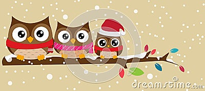 Owl family on the branch christmas banner Vector Illustration